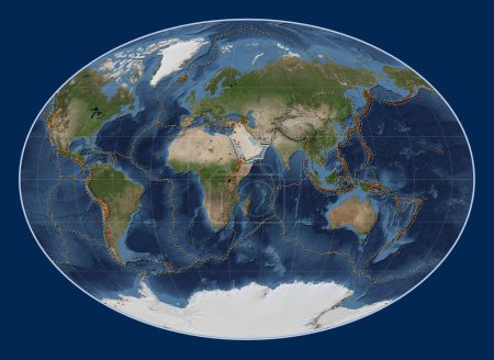 Photo for Arabian tectonic plate on the Blue Marble satellite map in the Fahey projection centered meridionally. Distribution of known volcanoes - Royalty Free Image
