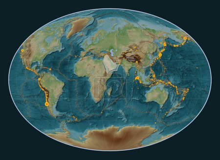 Photo for Arabian tectonic plate on the Wiki style elevation map in the Fahey projection centered meridionally. Locations of earthquakes above 6.5 magnitude recorded since the early 17th century - Royalty Free Image