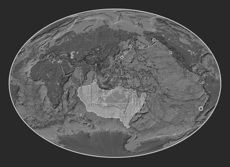 Téléchargez les photos : Plaque tectonique australienne sur la carte d'altitude bilevel dans la projection Fahey centrée méridionale. Lieux des tremblements de terre de plus de 6,5 magnitude enregistrés depuis le début du 17ème siècle - en image libre de droit