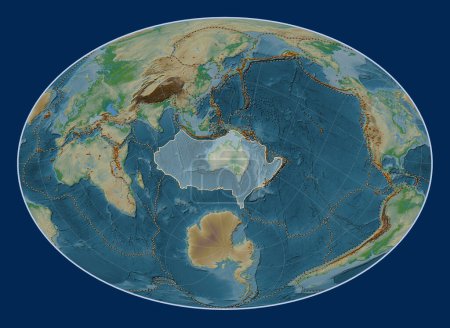 Téléchargez les photos : Plaque tectonique australienne sur la carte physique de l'altitude dans la projection Fahey Oblique centrée méridionale et latitudinale. Distribution des volcans connus - en image libre de droit