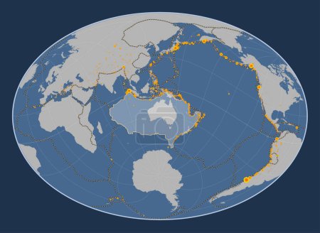 Téléchargez les photos : Plaque tectonique australienne sur la carte de contour solide dans la projection Fahey Oblique centrée méridionale et latitudinale. Lieux des tremblements de terre de plus de 6,5 magnitude enregistrés depuis le début du 17ème siècle - en image libre de droit