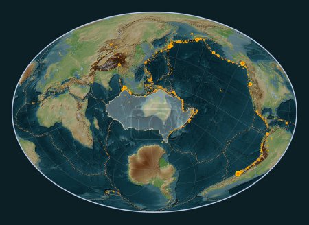 Photo for Australian tectonic plate on the Wiki style elevation map in the Fahey Oblique projection centered meridionally and latitudinally. Locations of earthquakes above 6.5 magnitude recorded since the early 17th century - Royalty Free Image