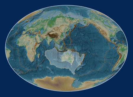 Photo for Australian tectonic plate on the physical elevation map in the Fahey projection centered meridionally. Distribution of known volcanoes - Royalty Free Image