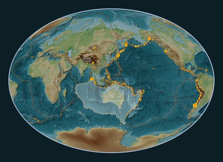 Foto de Placa tectónica australiana en el mapa de elevación de estilo Wiki en la proyección Fahey centrada meridionalmente. Localizaciones de terremotos de magnitud superior a 6,5 registradas desde principios del siglo XVII - Imagen libre de derechos