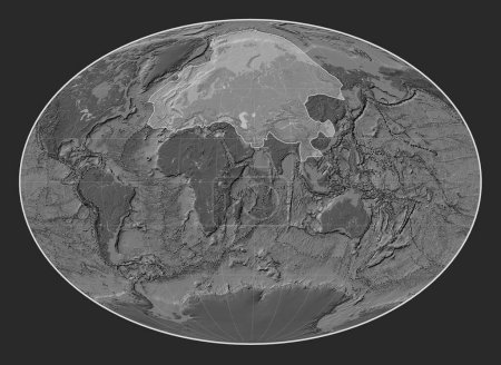 Téléchargez les photos : Plaque tectonique eurasienne sur la carte d'altitude bilevel dans la projection Fahey centrée méridionale. Limites des autres plaques - en image libre de droit
