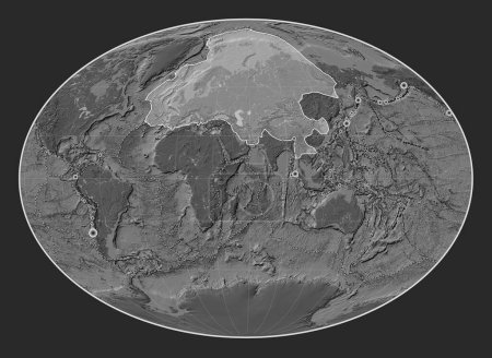 Téléchargez les photos : Plaque tectonique eurasienne sur la carte d'altitude bilevel dans la projection Fahey centrée méridionale. Lieux des tremblements de terre de plus de 6,5 magnitude enregistrés depuis le début du 17ème siècle - en image libre de droit
