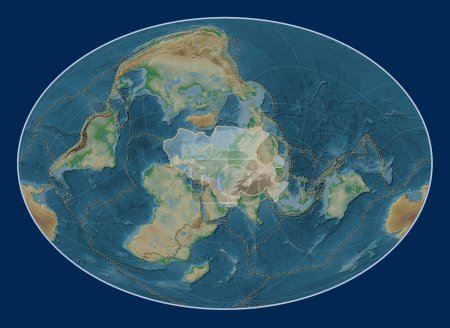 Foto de Placa tectónica eurasiática en el mapa de elevación física en la proyección Fahey Oblique centrada meridional y latitudinalmente. Límites de otras placas - Imagen libre de derechos