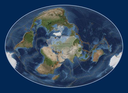Photo for Eurasian tectonic plate on the Blue Marble satellite map in the Fahey Oblique projection centered meridionally and latitudinally. Distribution of known volcanoes - Royalty Free Image
