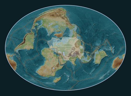 Téléchargez les photos : Plaque tectonique eurasienne sur la carte d'élévation de style Wiki dans la projection Fahey Oblique centrée méridionale et latitudinale. Limites des autres plaques - en image libre de droit