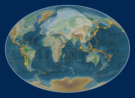 Téléchargez les photos : Plaque tectonique eurasienne sur la carte physique de l'altitude dans la projection Fahey centrée méridionale. Lieux des tremblements de terre de plus de 6,5 magnitude enregistrés depuis le début du 17ème siècle - en image libre de droit