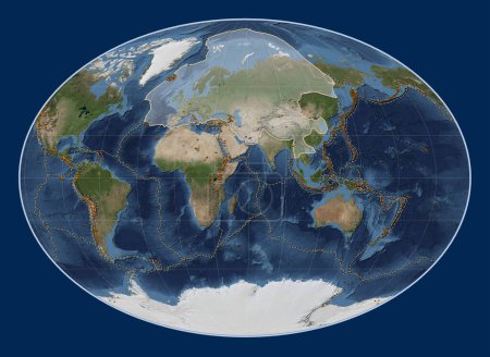 Téléchargez les photos : Plaque tectonique eurasienne sur la carte satellite Blue Marble dans la projection Fahey centrée méridionale. Distribution des volcans connus - en image libre de droit