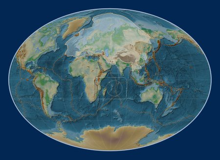 Photo for Eurasian tectonic plate on the physical elevation map in the Fahey projection centered meridionally. Distribution of known volcanoes - Royalty Free Image