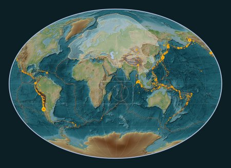 Photo for Eurasian tectonic plate on the Wiki style elevation map in the Fahey projection centered meridionally. Locations of earthquakes above 6.5 magnitude recorded since the early 17th century - Royalty Free Image