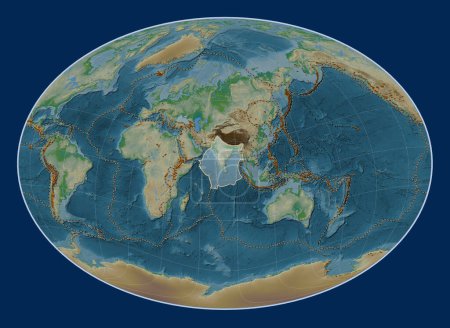Foto de Placa tectónica india en el mapa de elevación física en la proyección Fahey Oblique centrada meridional y latitudinalmente. Distribución de volcanes conocidos - Imagen libre de derechos