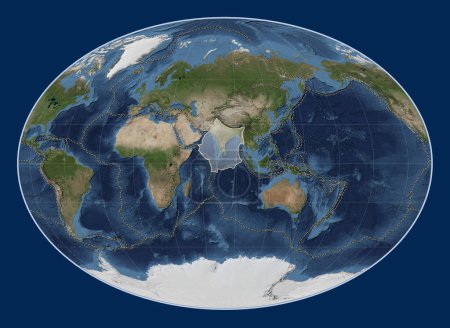 Téléchargez les photos : Plaque tectonique indienne sur la carte satellite Blue Marble dans la projection Fahey centrée méridionale. Limites des autres plaques - en image libre de droit