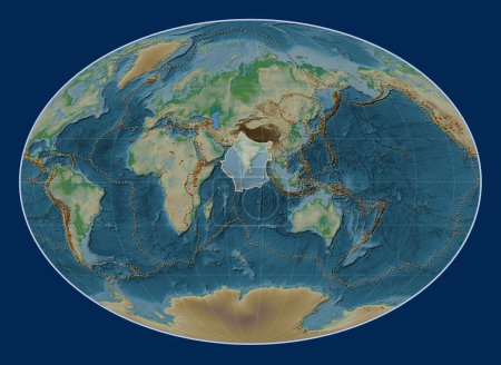 Téléchargez les photos : Plaque tectonique indienne sur la carte physique de l'altitude dans la projection Fahey centrée méridionale. Distribution des volcans connus - en image libre de droit
