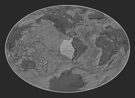 Téléchargez les photos : Plaque tectonique Nazca sur la carte de l'élévation bilevel dans la projection Fahey Oblique centrée méridionale et latitudinale. Lieux des tremblements de terre de plus de 6,5 magnitude enregistrés depuis le début du 17ème siècle - en image libre de droit