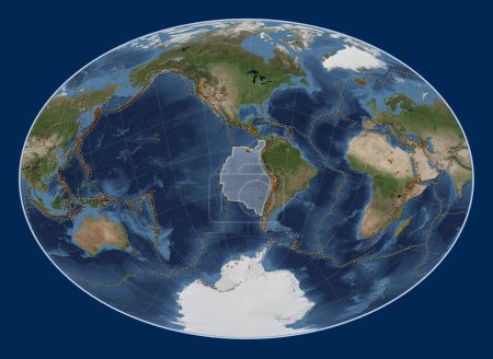 Photo for Nazca tectonic plate on the Blue Marble satellite map in the Fahey Oblique projection centered meridionally and latitudinally. Distribution of known volcanoes - Royalty Free Image