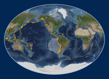 Téléchargez les photos : Plaque tectonique Nazca sur la carte satellite Blue Marble dans la projection Fahey centrée méridionale. Lieux des tremblements de terre de plus de 6,5 magnitude enregistrés depuis le début du 17ème siècle - en image libre de droit