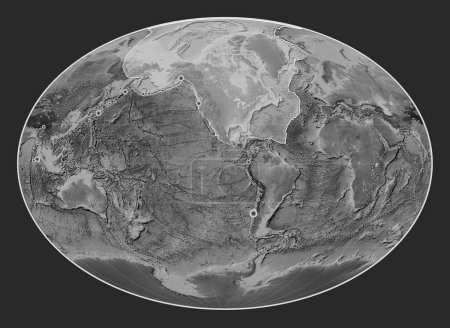 Téléchargez les photos : Plaque tectonique nord-américaine sur la carte de l'altitude en niveaux de gris dans la projection Fahey centrée méridionale. Lieux des tremblements de terre de plus de 6,5 magnitude enregistrés depuis le début du 17ème siècle - en image libre de droit