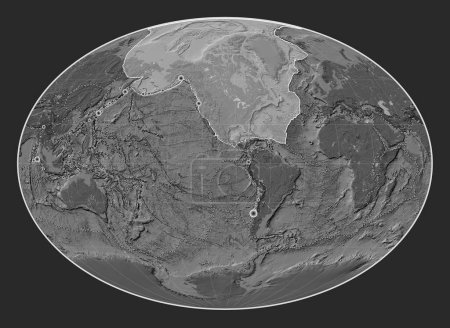 Téléchargez les photos : Plaque tectonique nord-américaine sur la carte de l'élévation bilevel dans la projection Fahey centrée méridionale. Lieux des tremblements de terre de plus de 6,5 magnitude enregistrés depuis le début du 17ème siècle - en image libre de droit