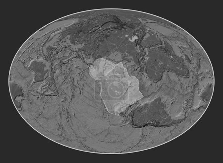 Foto de Placa tectónica norteamericana en el mapa de elevación bilevel en la proyección Fahey Oblique centrada meridional y latitudinalmente. Límites de otras placas - Imagen libre de derechos