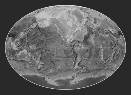 Téléchargez les photos : Plaque tectonique nord-américaine sur la carte de l'altitude en niveaux de gris dans la projection Fahey centrée méridionale. Limites des autres plaques - en image libre de droit