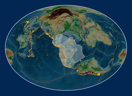 Téléchargez les photos : Plaque tectonique nord-américaine sur la carte physique de l'altitude dans la projection Fahey Oblique centrée méridionale et latitudinale. Lieux des tremblements de terre de plus de 6,5 magnitude enregistrés depuis le début du 17ème siècle - en image libre de droit