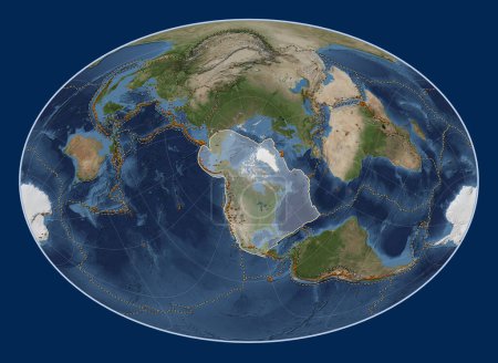 Photo for North American tectonic plate on the Blue Marble satellite map in the Fahey Oblique projection centered meridionally and latitudinally. Distribution of known volcanoes - Royalty Free Image