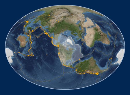 Téléchargez les photos : Plaque tectonique nord-américaine sur la carte satellite Blue Marble dans la projection Fahey Oblique centrée méridionale et latitudinale. Lieux des tremblements de terre de plus de 6,5 magnitude enregistrés depuis le début du 17ème siècle - en image libre de droit