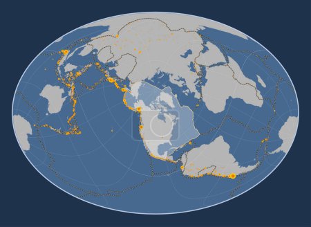 Téléchargez les photos : Plaque tectonique nord-américaine sur la carte de contour solide dans la projection Fahey Oblique centrée méridionale et latitudinale. Lieux des tremblements de terre de plus de 6,5 magnitude enregistrés depuis le début du 17ème siècle - en image libre de droit
