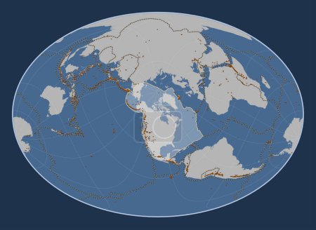 Foto de Placa tectónica norteamericana en el mapa de contorno sólido en la proyección Fahey Oblique centrada meridional y latitudinalmente. Distribución de volcanes conocidos - Imagen libre de derechos