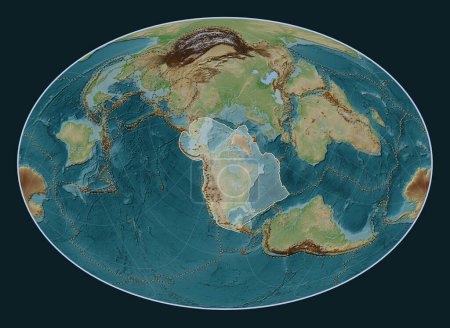 Foto de Placa tectónica norteamericana en el mapa de elevación de estilo Wiki en la proyección Fahey Oblique centrada meridional y latitudinalmente. Distribución de volcanes conocidos - Imagen libre de derechos