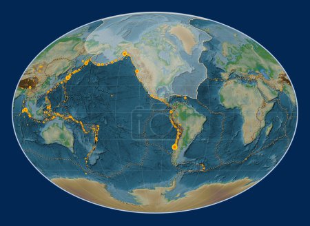 Téléchargez les photos : La plaque tectonique nord-américaine sur la carte physique de l'altitude dans la projection de Fahey était centrée méridionale. Lieux des tremblements de terre de plus de 6,5 magnitude enregistrés depuis le début du 17ème siècle - en image libre de droit