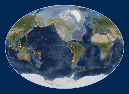 Téléchargez les photos : Plaque tectonique nord-américaine sur la carte satellite Blue Marble dans la projection Fahey centrée méridionale. Lieux des tremblements de terre de plus de 6,5 magnitude enregistrés depuis le début du 17ème siècle - en image libre de droit