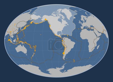 Téléchargez les photos : Plaque tectonique nord-américaine sur la carte de contour solide dans la projection Fahey centrée méridionale. Lieux des tremblements de terre de plus de 6,5 magnitude enregistrés depuis le début du 17ème siècle - en image libre de droit