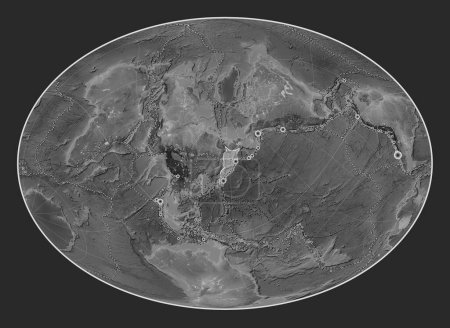 Photo for Okhotsk tectonic plate on the grayscale elevation map in the Fahey Oblique projection centered meridionally and latitudinally. Locations of earthquakes above 6.5 magnitude recorded since the early 17th century - Royalty Free Image