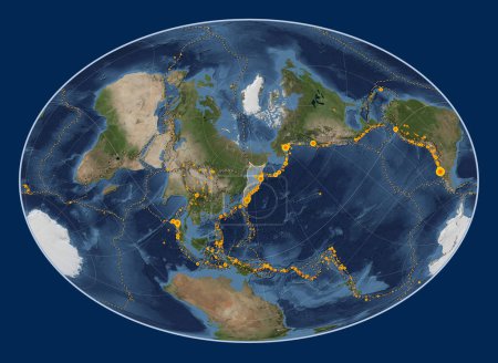 Téléchargez les photos : Plaque tectonique Okhotsk sur la carte satellite Blue Marble dans la projection Fahey Oblique centrée méridionale et latitudinale. Lieux des tremblements de terre de plus de 6,5 magnitude enregistrés depuis le début du 17ème siècle - en image libre de droit