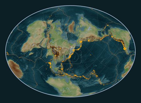Téléchargez les photos : Plaque tectonique Okhotsk sur la carte d'élévation de style Wiki dans la projection Fahey Oblique centrée méridionale et latitudinale. Lieux des tremblements de terre de plus de 6,5 magnitude enregistrés depuis le début du 17ème siècle - en image libre de droit