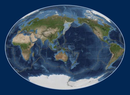 Téléchargez les photos : Plaque tectonique Okhotsk sur la carte satellite Blue Marble dans la projection Fahey centrée méridionale. Limites des autres plaques - en image libre de droit