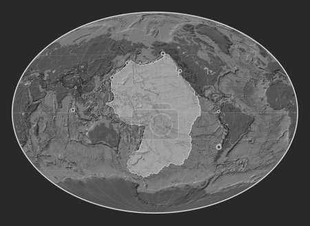 Foto de Placa tectónica del Pacífico en el mapa de elevación bilevel en la proyección Fahey Oblique centrada meridional y latitudinalmente. Localizaciones de terremotos de magnitud superior a 6,5 registradas desde principios del siglo XVII - Imagen libre de derechos