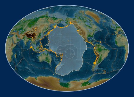 Photo for Pacific tectonic plate on the physical elevation map in the Fahey Oblique projection centered meridionally and latitudinally. Locations of earthquakes above 6.5 magnitude recorded since the early 17th century - Royalty Free Image