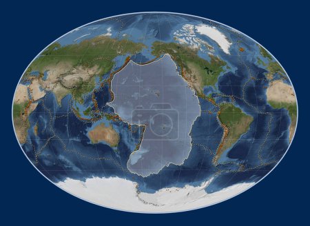 Téléchargez les photos : Plaque tectonique du Pacifique sur la carte satellite Blue Marble dans la projection Fahey Oblique centrée méridionale et latitudinale. Distribution des volcans connus - en image libre de droit