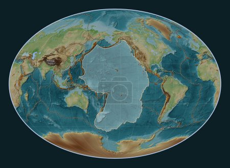 Photo for Pacific tectonic plate on the Wiki style elevation map in the Fahey Oblique projection centered meridionally and latitudinally. Distribution of known volcanoes - Royalty Free Image