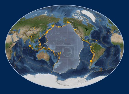 Foto de Placa tectónica del Pacífico en el mapa satélite de mármol azul en la proyección Fahey centrada meridionalmente. Localizaciones de terremotos de magnitud superior a 6,5 registradas desde principios del siglo XVII - Imagen libre de derechos