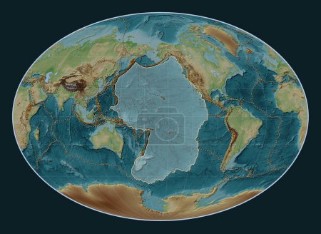 Téléchargez les photos : Plaque tectonique du Pacifique sur la carte d'élévation de style Wiki dans la projection Fahey centrée méridionale. Distribution des volcans connus - en image libre de droit