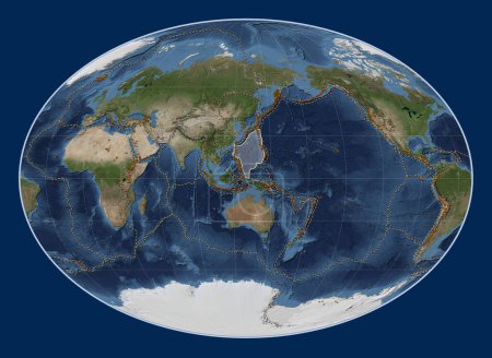 Téléchargez les photos : Plaque tectonique de la mer des Philippines sur la carte satellite Blue Marble dans la projection Fahey centrée méridionale. Distribution des volcans connus - en image libre de droit