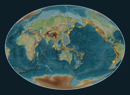Foto de Placa tectónica del Mar de Filipinas en el mapa de elevación de estilo Wiki en la proyección Fahey centrada meridionalmente. Localizaciones de terremotos de magnitud superior a 6,5 registradas desde principios del siglo XVII - Imagen libre de derechos