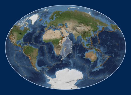 Téléchargez les photos : Plaque tectonique somalienne sur la carte satellite Blue Marble dans la projection Fahey Oblique centrée méridionale et latitudinale. Distribution des volcans connus - en image libre de droit