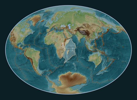Foto de Placa tectónica somalí en el mapa de elevación de estilo Wiki en la proyección Fahey Oblique centrada meridional y latitudinalmente. Distribución de volcanes conocidos - Imagen libre de derechos
